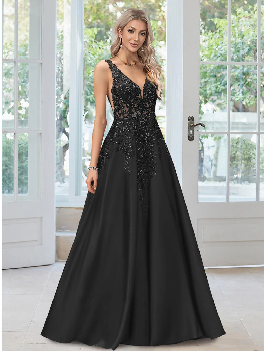 Black Satin A-Line V-Neck Floor-Length Evening Dress with Sequin Bodice