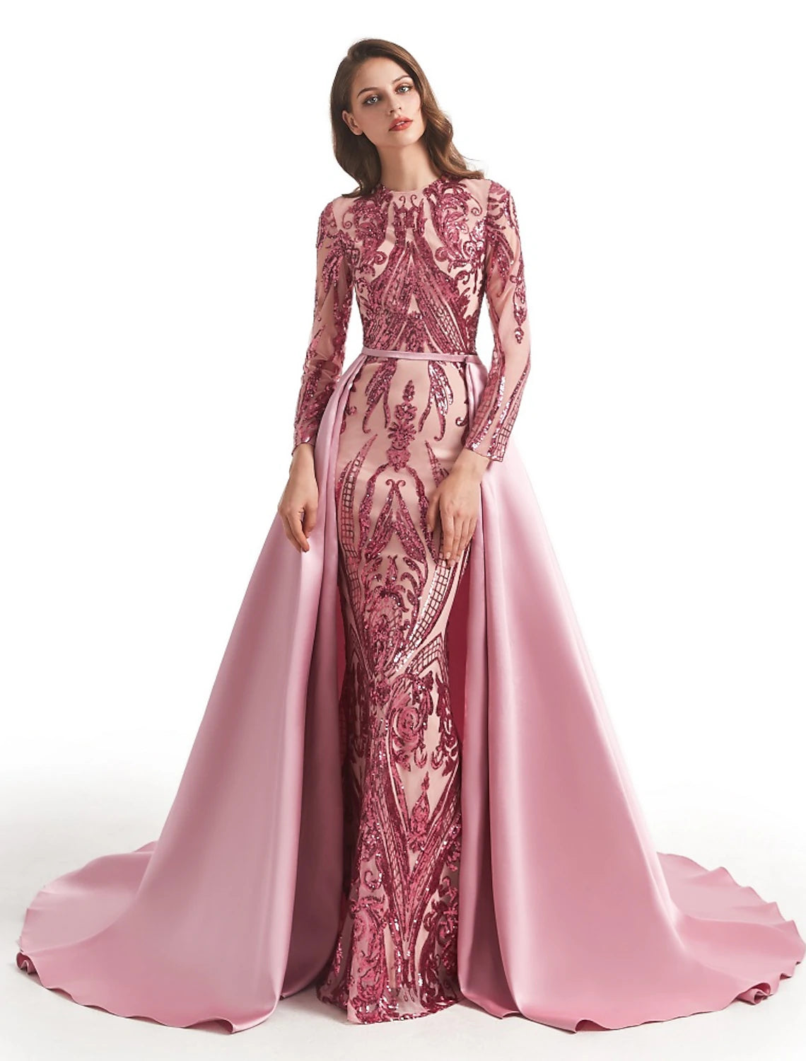 Vestido de fiesta de sirena, vestido de noche, vestido lujoso, vestido de carnaval, boda, invitado, cola de corte, manga larga, cuello joya, falda de satén desmontable con lentejuelas, estampado/estampado