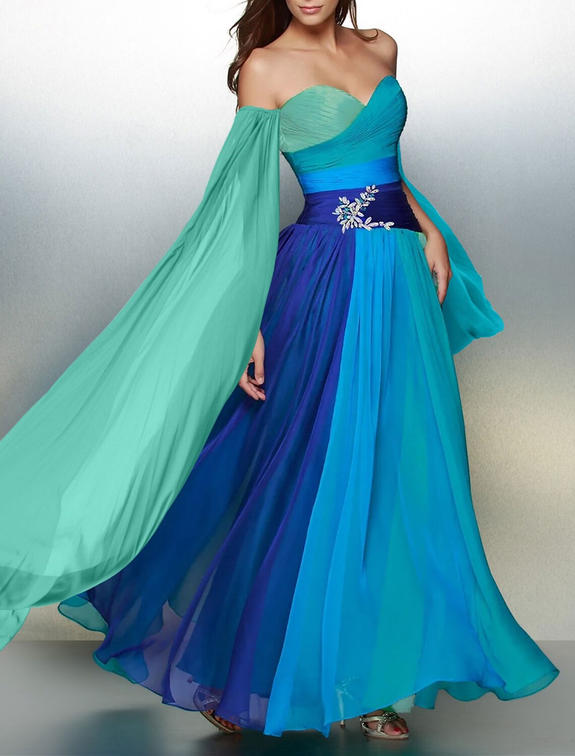 Vibrant Multi-Color Chiffon A-Line Off-the-Shoulder Floor-Length Gown