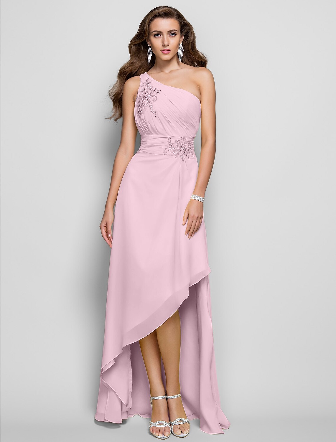Abito elegante a tubino/colonna per invitati a matrimoni, cocktail party, asimmetrico, senza maniche, monospalla, in chiffon con applicazioni di perline e spacchi