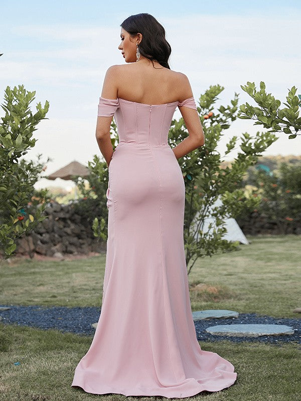 Blushing Pink Satin Sheath/column Floor-Length Off-the-Shoulder Evening Dress
