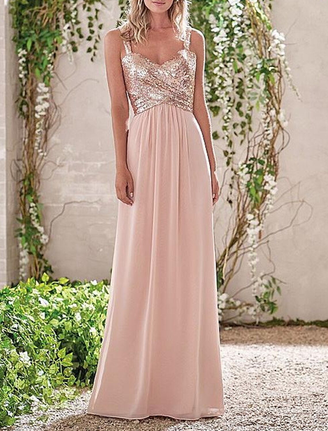 Blushing Pink Sequin Bodice Empire Waist A-Line Floor-Length Bridesmaid Dress