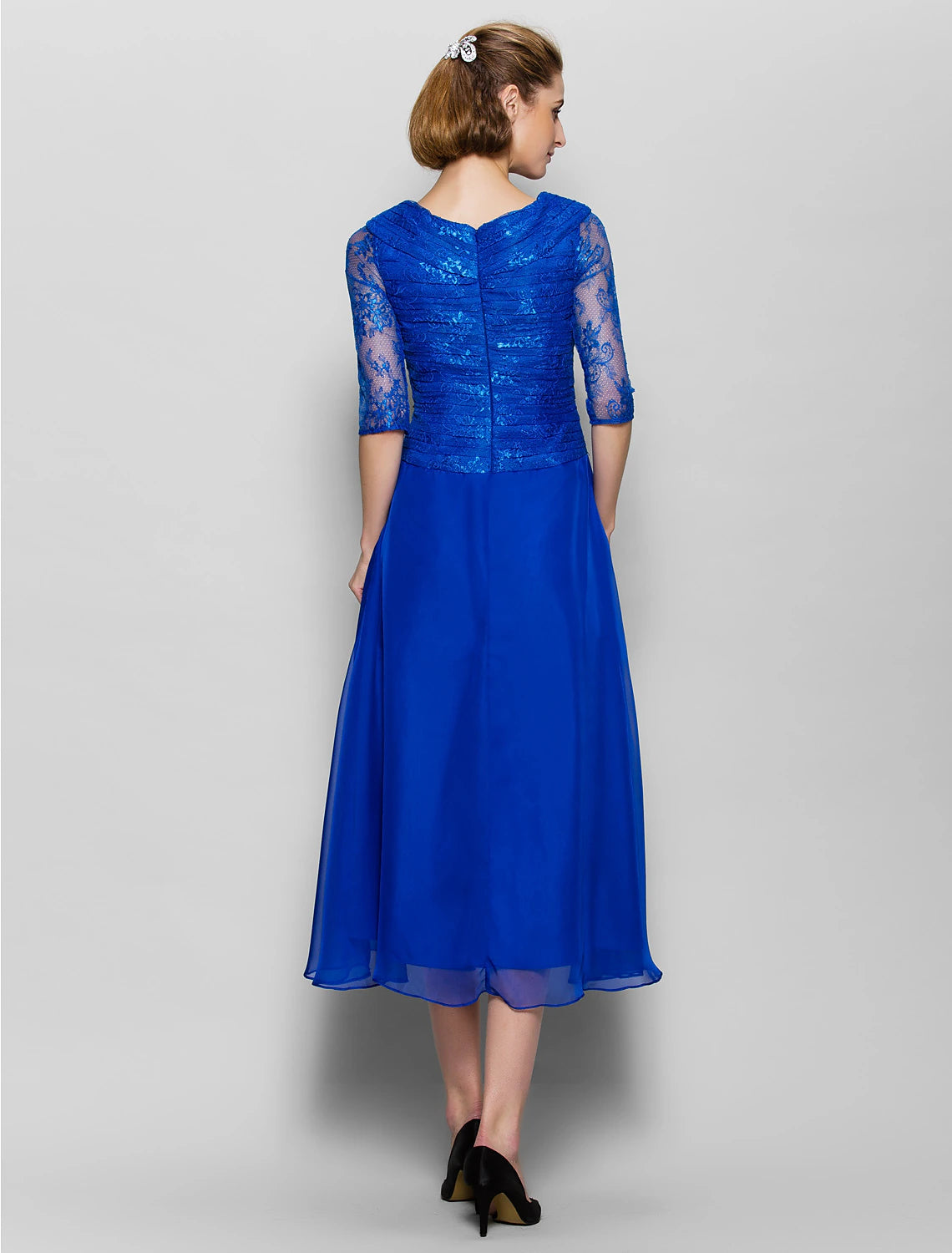 Abito da madre della sposa a trapezio, elegante, con scollo a V, lunghezza tè, in chiffon, pizzo, mezza manica, senza maniche, con arricciature incrociate in pizzo