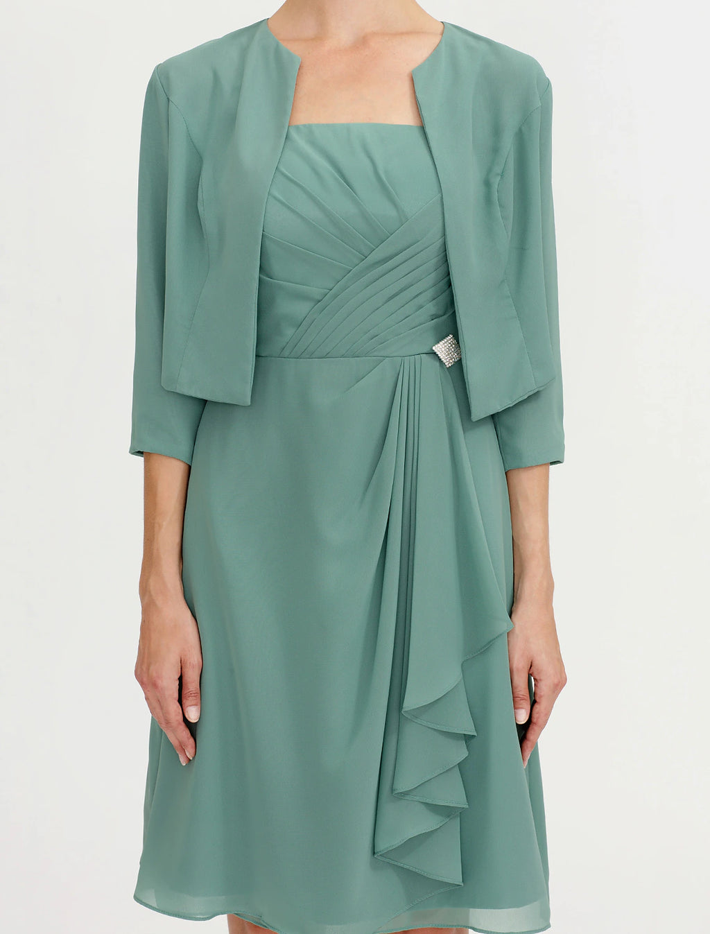 Vestido de madre de la novia de corte A, formal, elegante, de dos piezas, con tirantes, corto/mini, de gasa, sin mangas, sí, con pliegues y abalorios