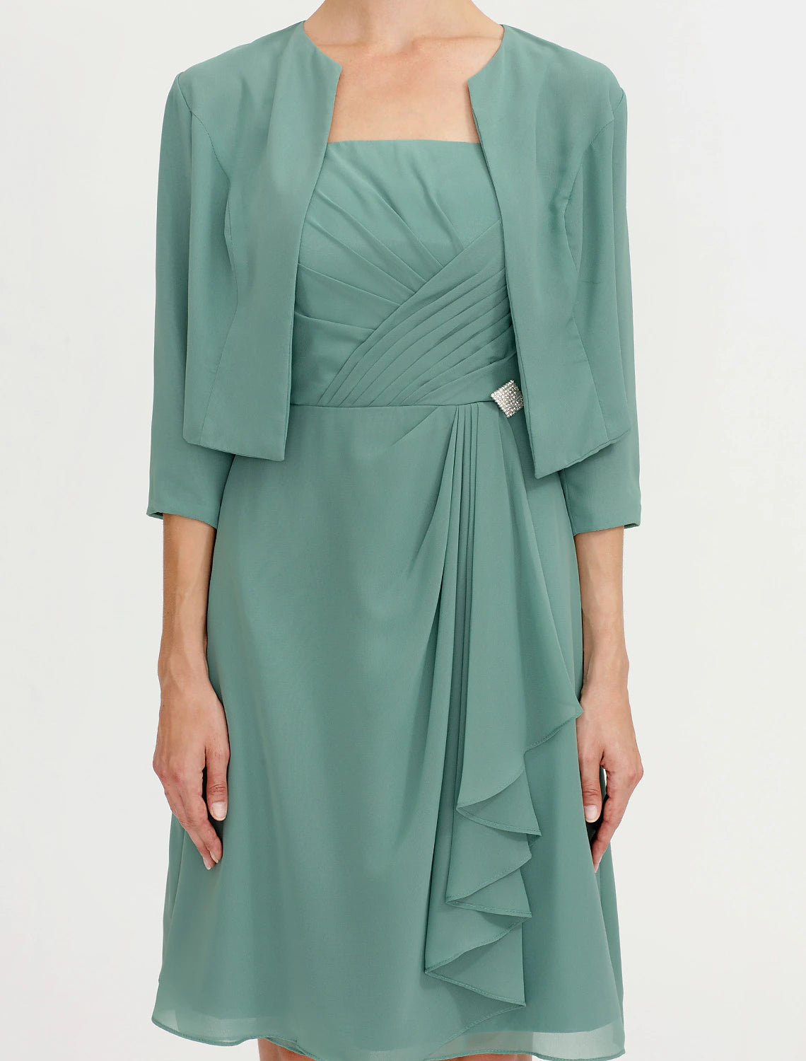 Vestido de madre de la novia de corte A, formal, elegante, de dos piezas, con tirantes, corto/mini, de gasa, sin mangas, sí, con pliegues y abalorios