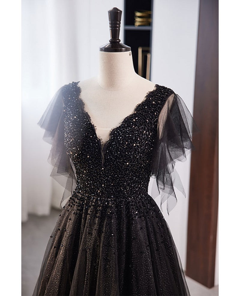 Black Sequin Tulle V-Neck A-Line Floor-Length Evening Dress with Ruffled Sleeves