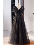 Black Sequin Tulle V-Neck A-Line Floor-Length Evening Dress with Ruffled Sleeves