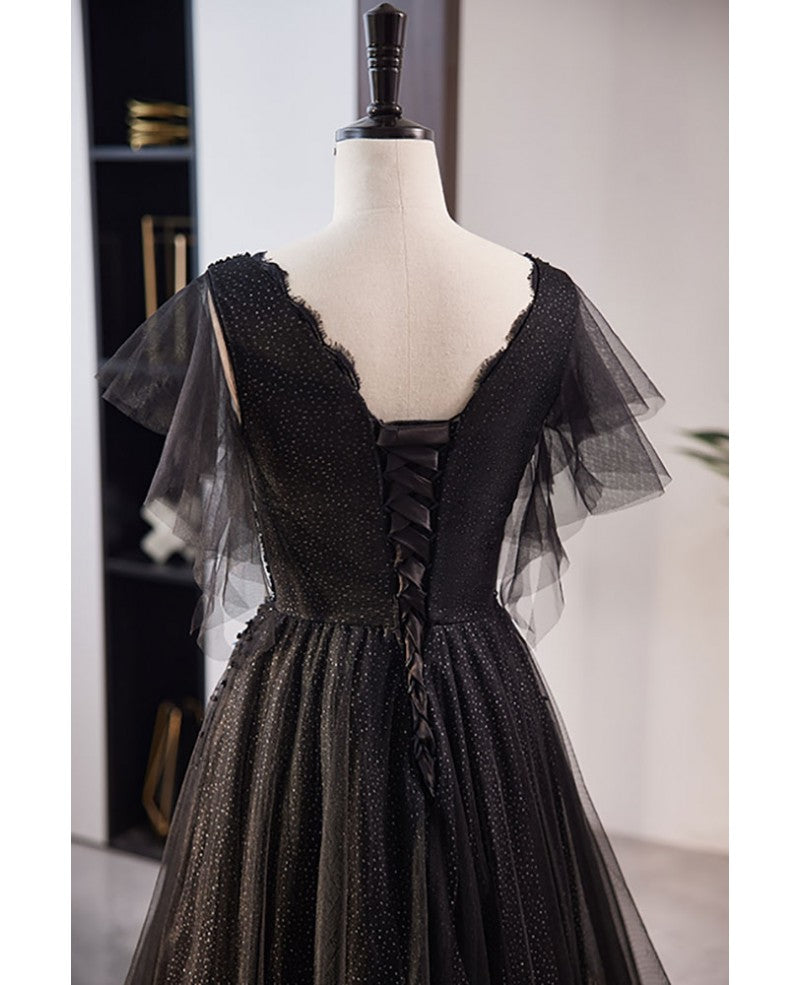 Black Sequin Tulle V-Neck A-Line Floor-Length Evening Dress with Ruffled Sleeves