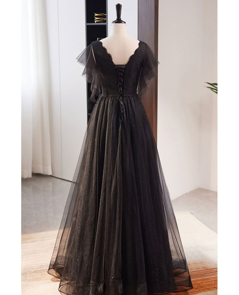 Black Sequin Tulle V-Neck A-Line Floor-Length Evening Dress with Ruffled Sleeves