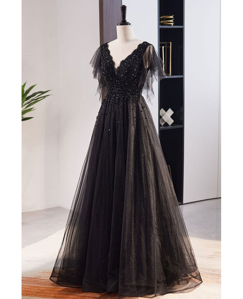 Black Sequin Tulle V-Neck A-Line Floor-Length Evening Dress with Ruffled Sleeves