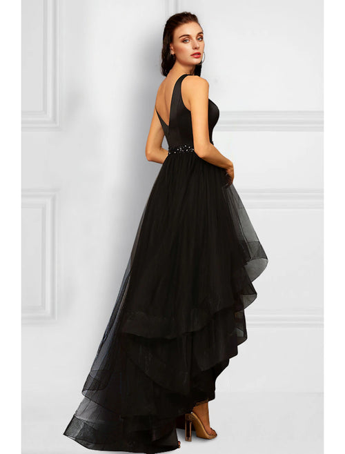 Black Asymmetrical A-Line V-Neck Evening Dress