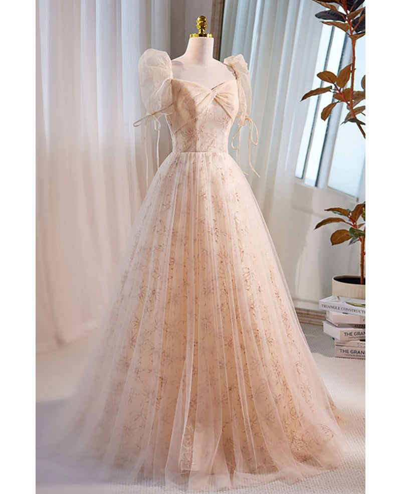 Vestido de noche único y hermoso con escote cuadrado y lentejuelas color champán, de manga corta y esponjoso, estilo princesa en forma de A, sin espalda, con tirantes y largo hasta el suelo.