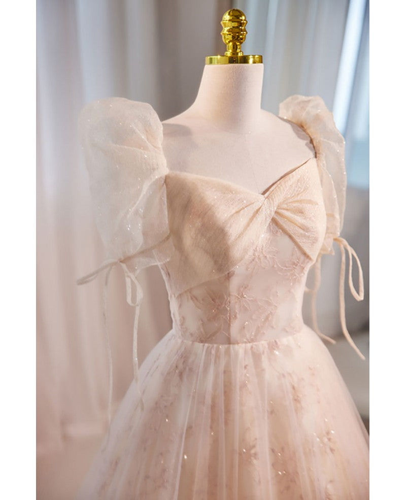 Vestido de noche único y hermoso con escote cuadrado y lentejuelas color champán, de manga corta y esponjoso, estilo princesa en forma de A, sin espalda, con tirantes y largo hasta el suelo.