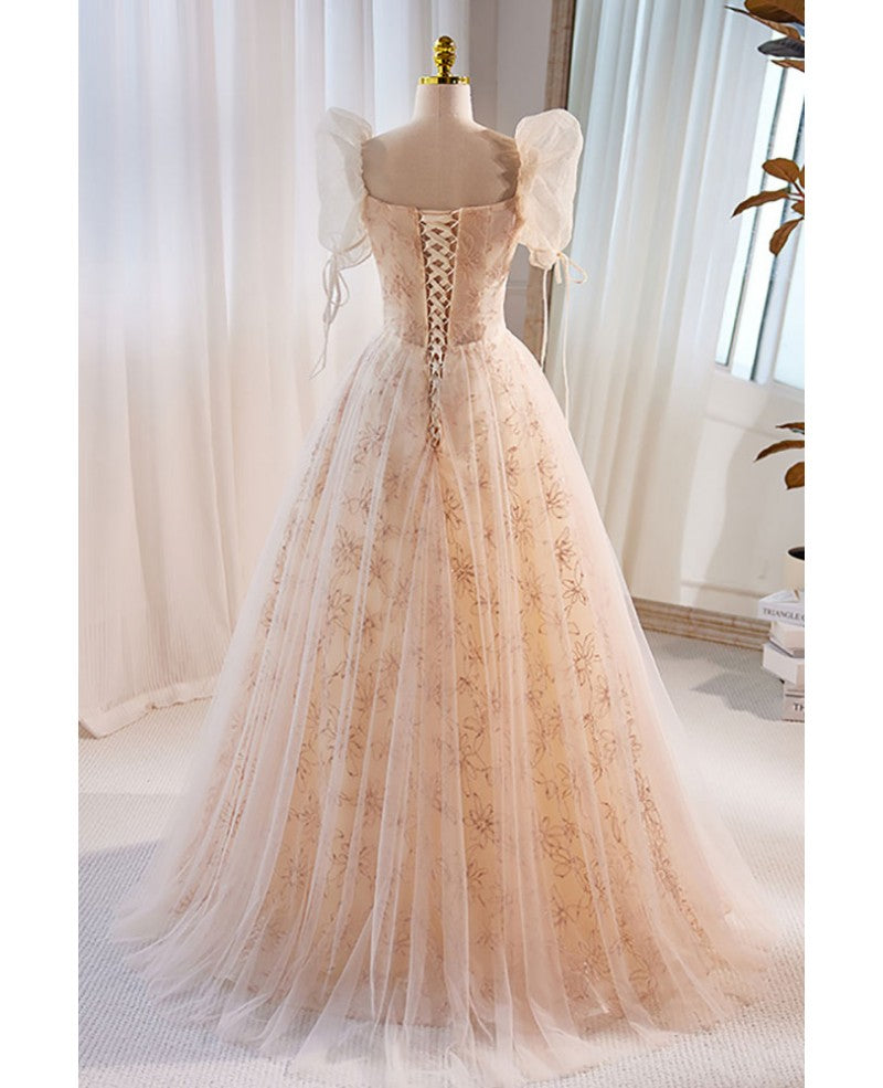 Vestido de noche único y hermoso con escote cuadrado y lentejuelas color champán, de manga corta y esponjoso, estilo princesa en forma de A, sin espalda, con tirantes y largo hasta el suelo.