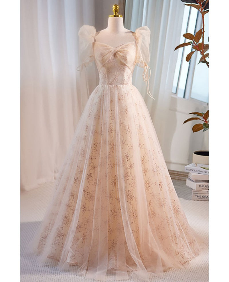 Vestido de noche único y hermoso con escote cuadrado y lentejuelas color champán, de manga corta y esponjoso, estilo princesa en forma de A, sin espalda, con tirantes y largo hasta el suelo.