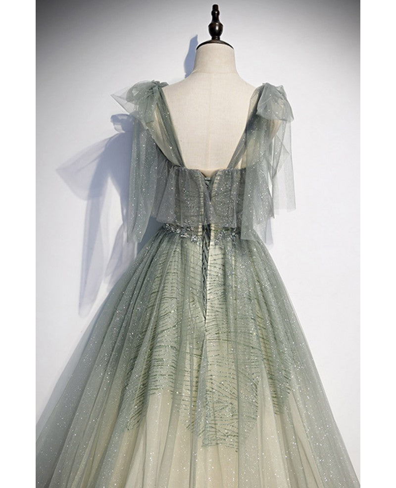 Sage Green Glitter Tulle A-Line Floor-Length Bridesmaid Dress | Sweetheart Neckline & Off-the-Shoulder Ruffles