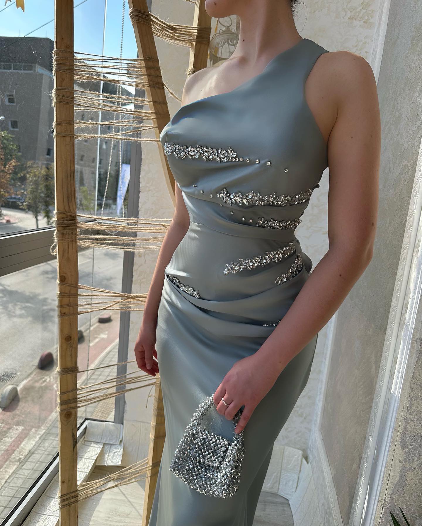 Silver rhinestone mermaid sleeveless long evening dress