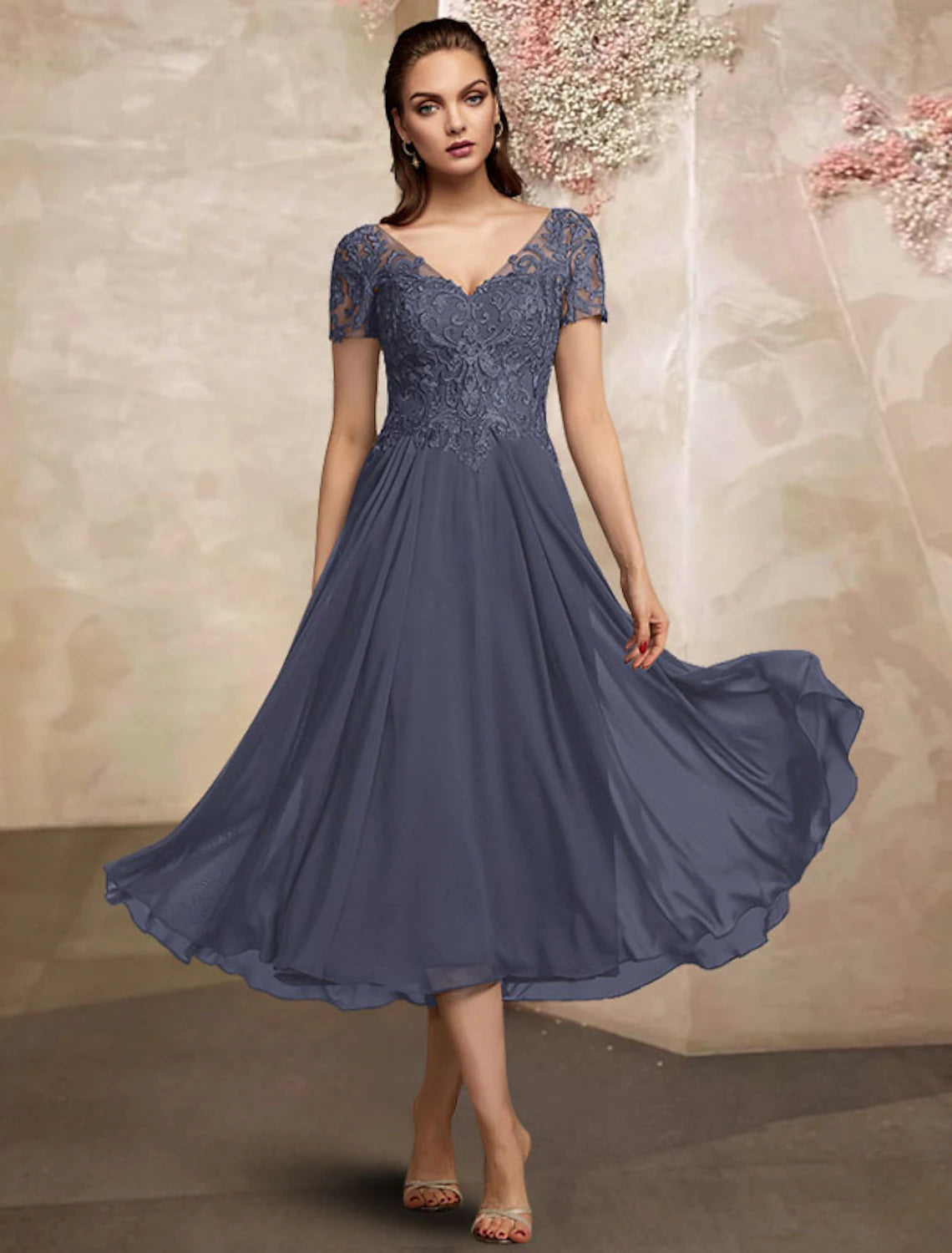 Slate Blue Lace V-Neck A-Line Tea-Length Bridesmaid Dress