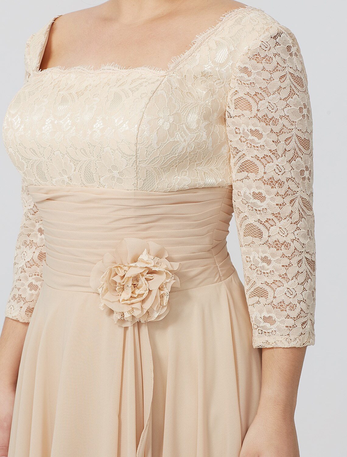 Vestido de madre de la novia con corte tubo/columna, formal, clásico y atemporal, elegante y lujoso, talla grande, escote cuadrado, largo hasta el suelo, gasa, encaje metálico, manga 3/4, sin mangas, con faja/cinta y flores