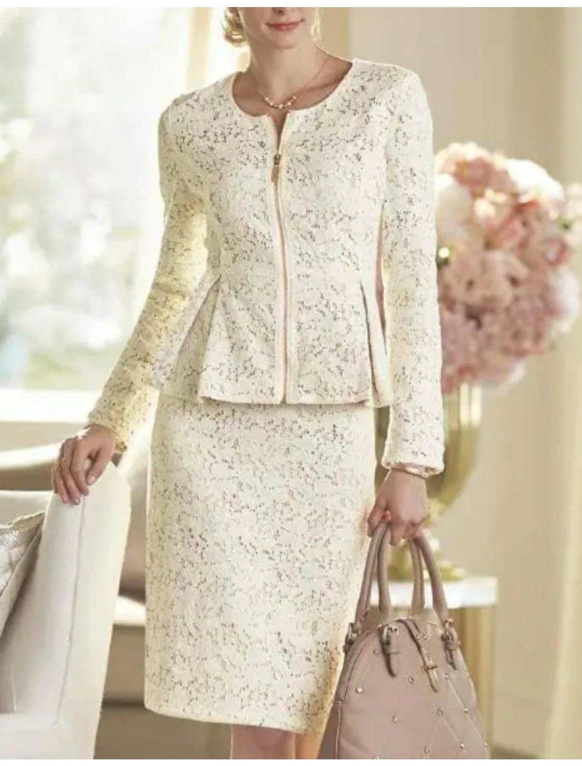 Abito da cerimonia per la madre della sposa, due pezzi, a tubino/colonna, elegante, da invitata a nozze, con scollo a barchetta, lunghezza al ginocchio, in pizzo, maniche lunghe, coprispalle incluso, in tinta unita