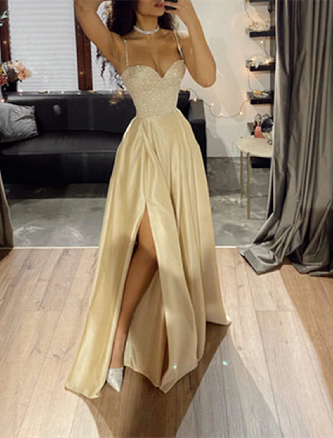 A-Line Prom Dresses Glittering Dress Wedding Guest Wedding Party Court Train Sleeveless Spaghetti Strap Tulle with Sequin
