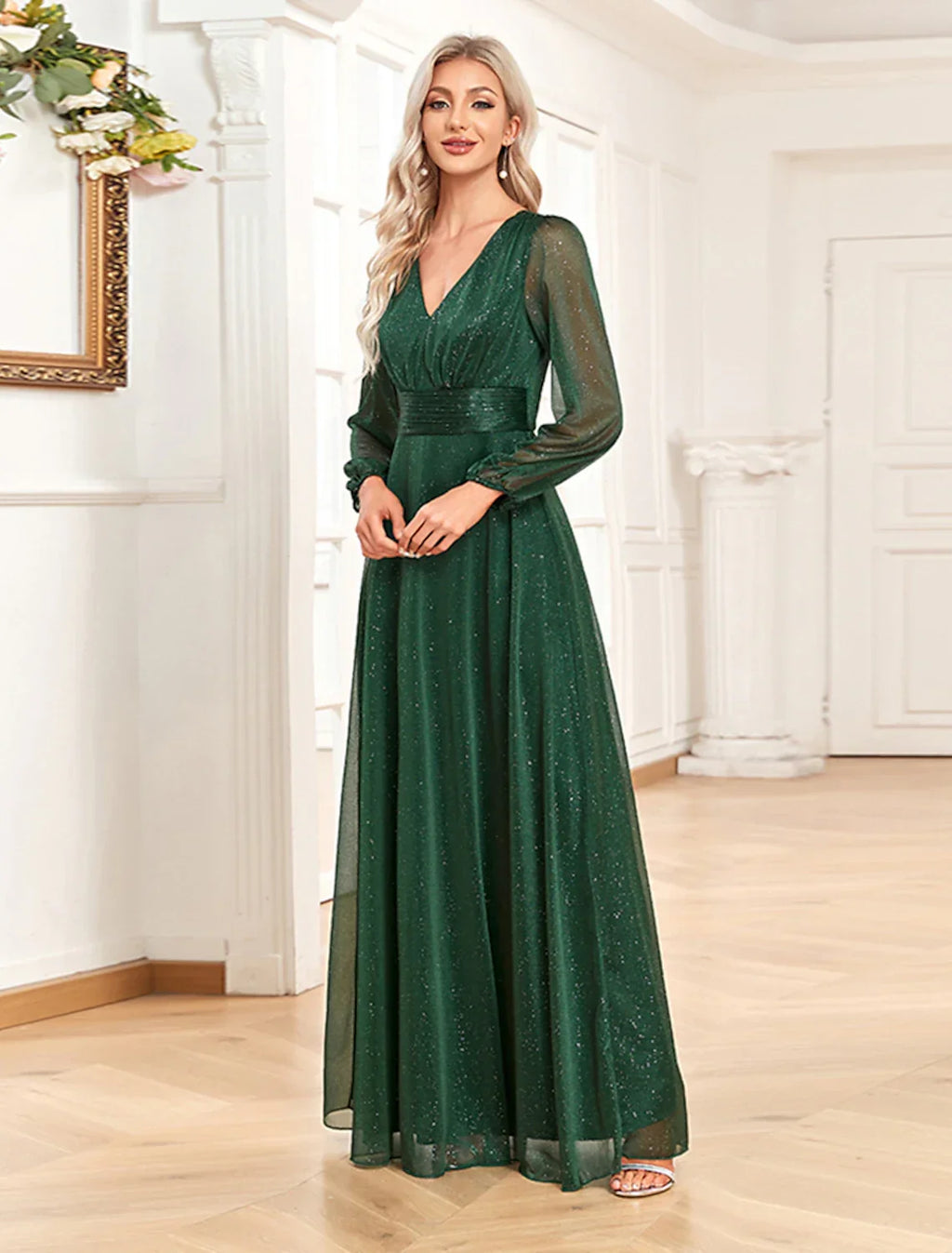 Abito da sera a trapezio, elegante, formale, lungo fino al pavimento, manica lunga, scollo a V, in chiffon con paillettes