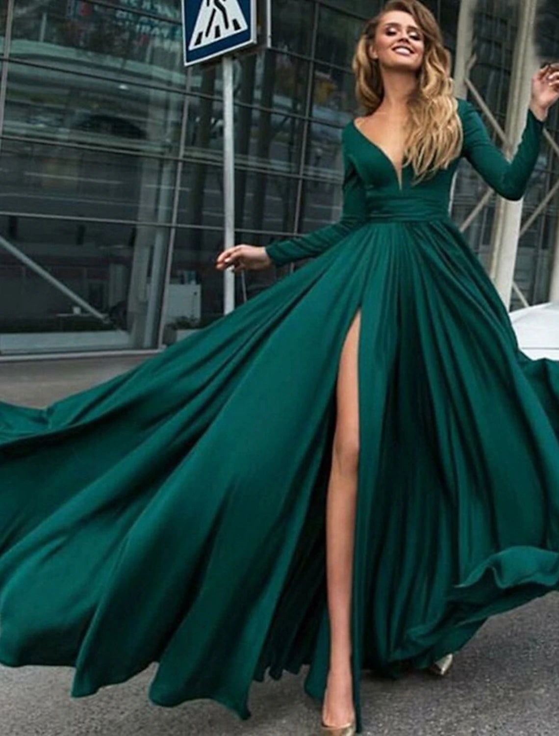 Black Chiffon A-Line Floor-Length with V-Neck & Plunging V-neck + High slit (for Evening-Party & Formal-Event)