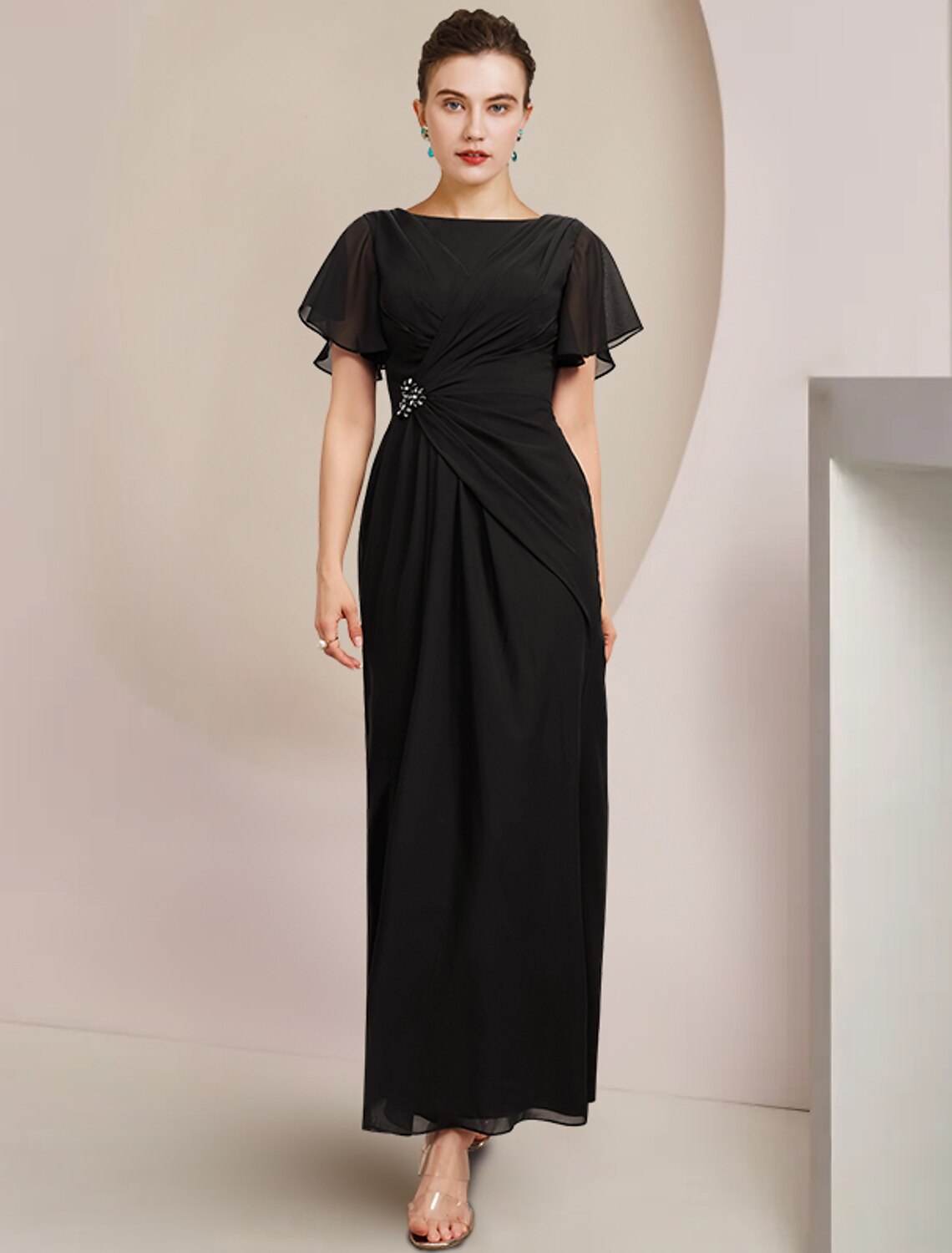Black Chiffon A-Line Floor-Length Dress with Boat Neck and Draped Bodice for Formal Events