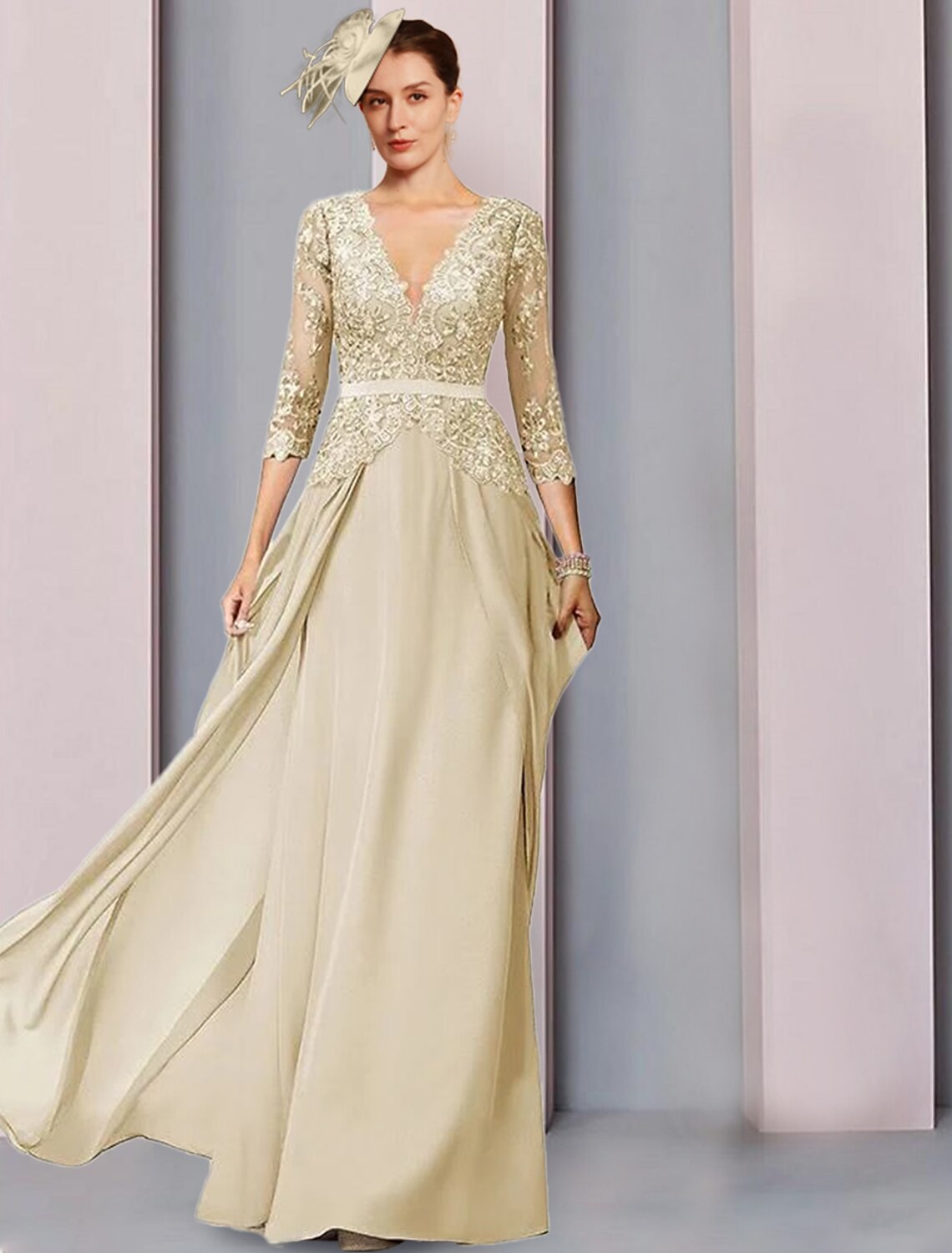 Abito da cerimonia per la madre della sposa, a trapezio, elegante, con scollo a V, lunghezza al pavimento, in chiffon, mezza manica, con arricciature in pizzo