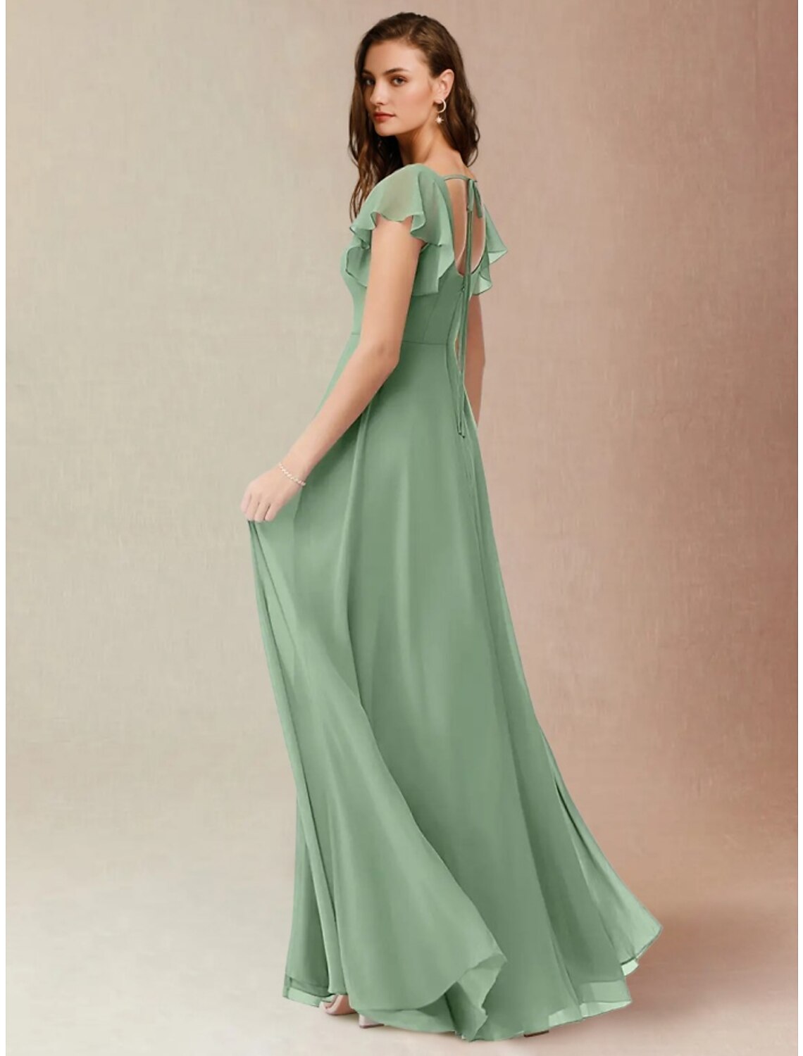 Sage Green Chiffon A-Line Floor-Length Dress with Square Neck, Flutter Sleeves & High Slit