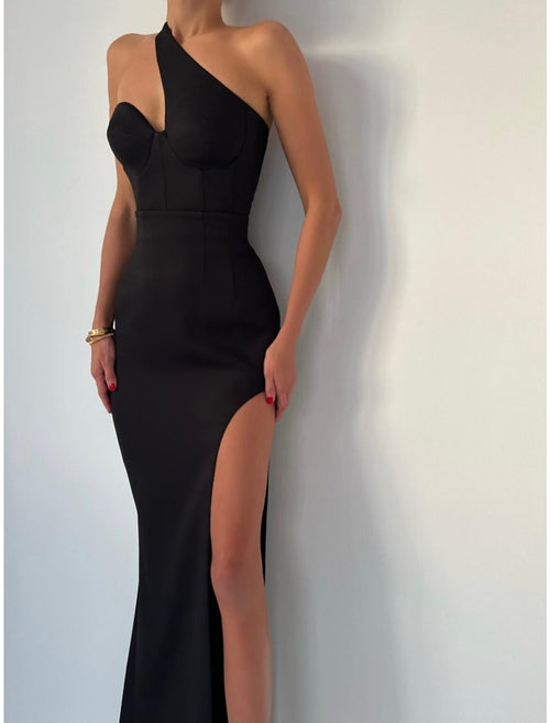 Black Crepe One Shoulder High-Low Sheath Dress