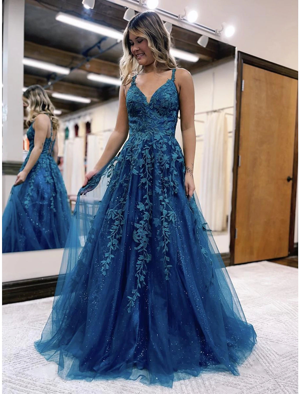 Teal Tulle A-Line V-Neck Floor-Length Gown for Prom & Evening Parties
