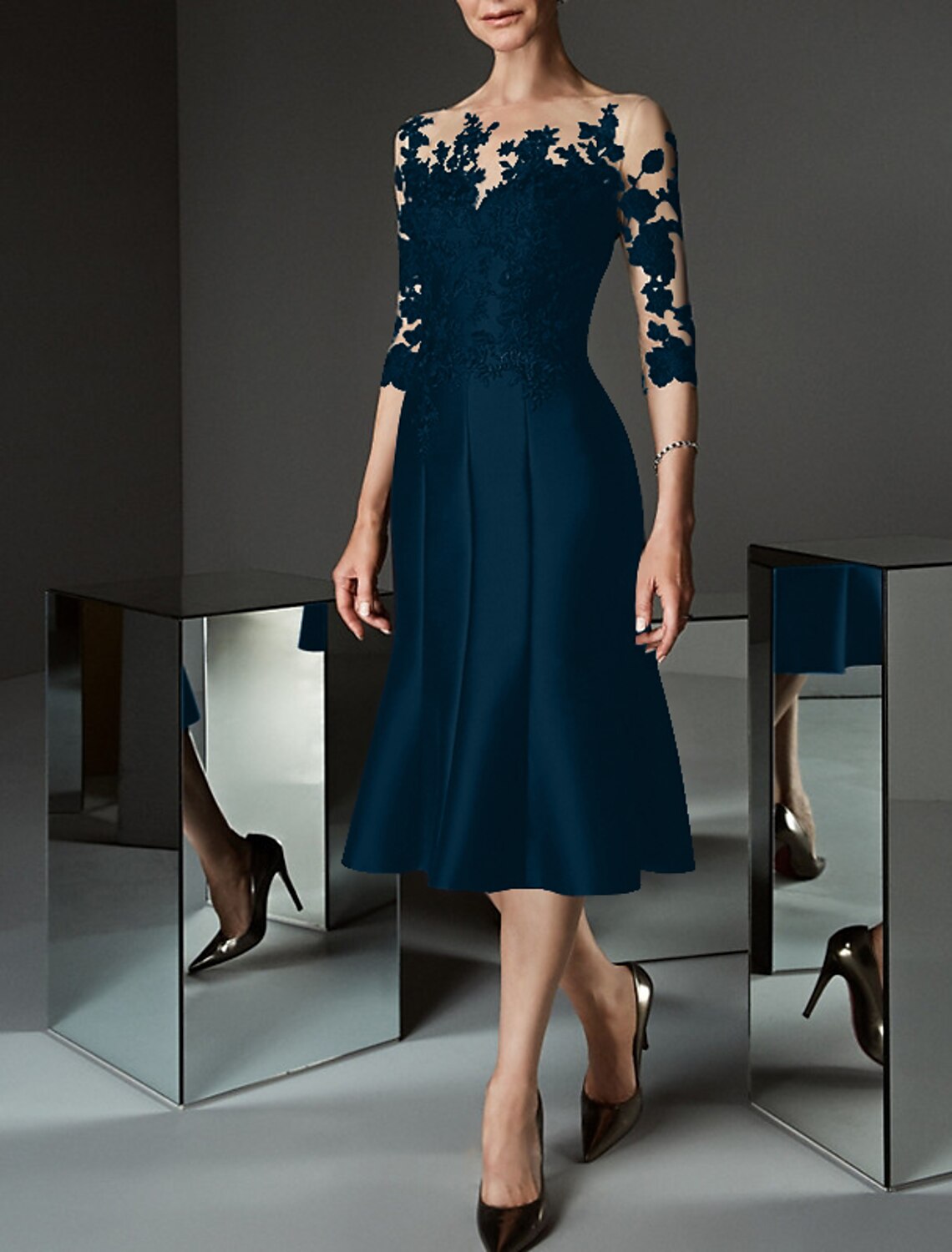 Dark Navy Satin A-Line Tea-Length Dress with Illusion Lace Bodice