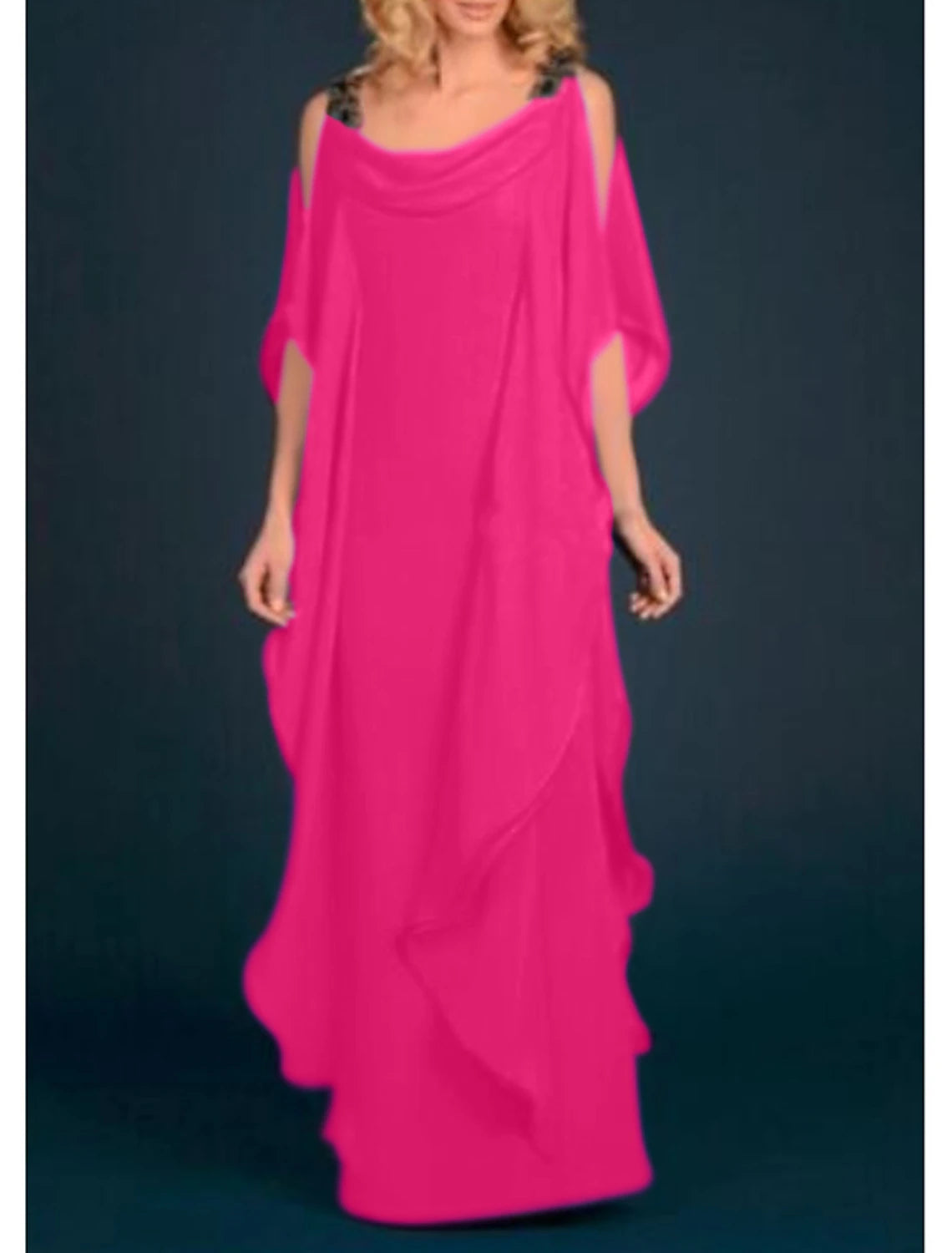 Royal Blue Chiffon A-Line Floor-Length Evening Dress with Cowl Neck & Cold Shoulder Sleeves