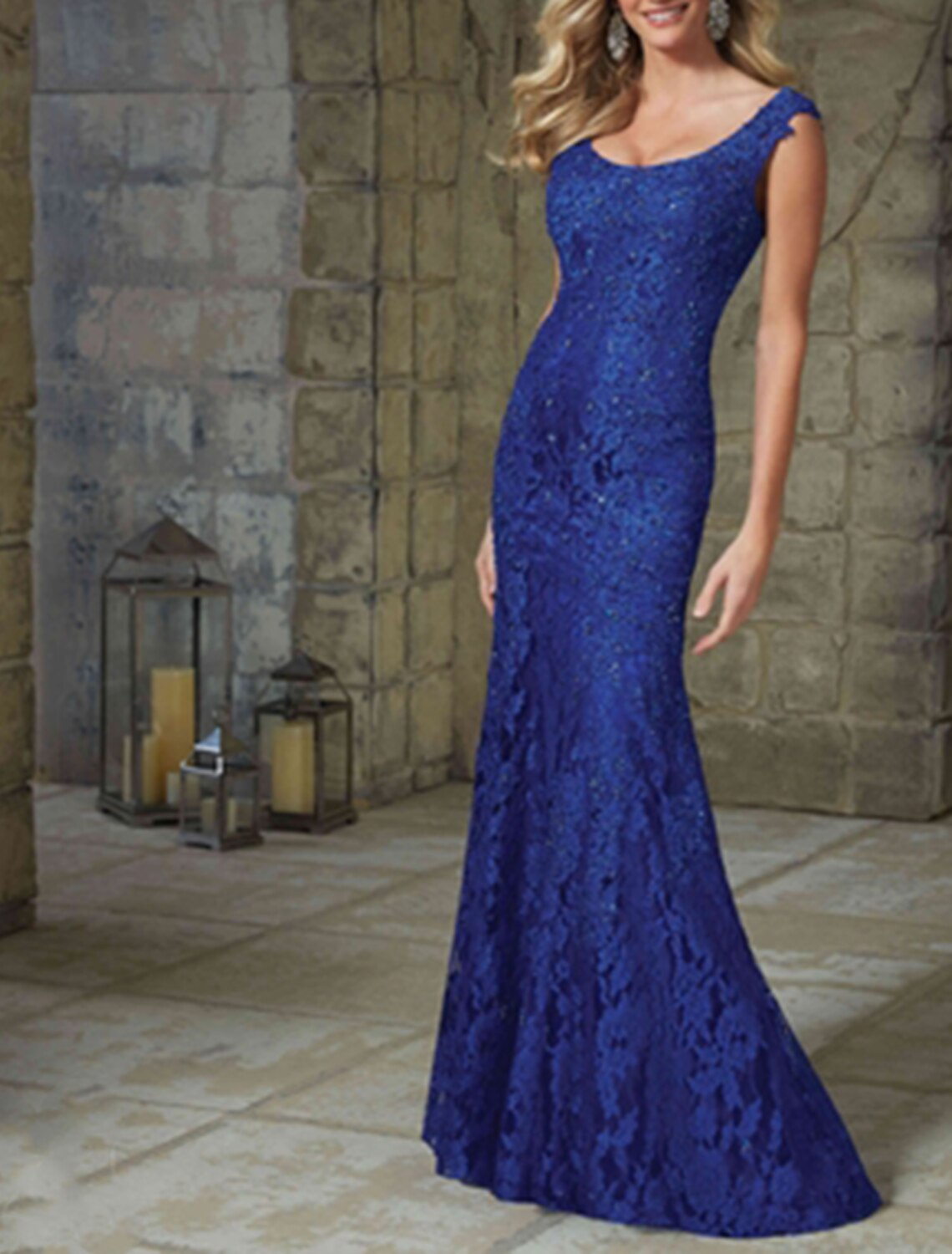 Vestido de fiesta de sirena, elegante vestido de noche formal para invitada de boda con flores, escote redondo, sin mangas, largo hasta el suelo, encaje con inserto de encaje, patrón/estampado