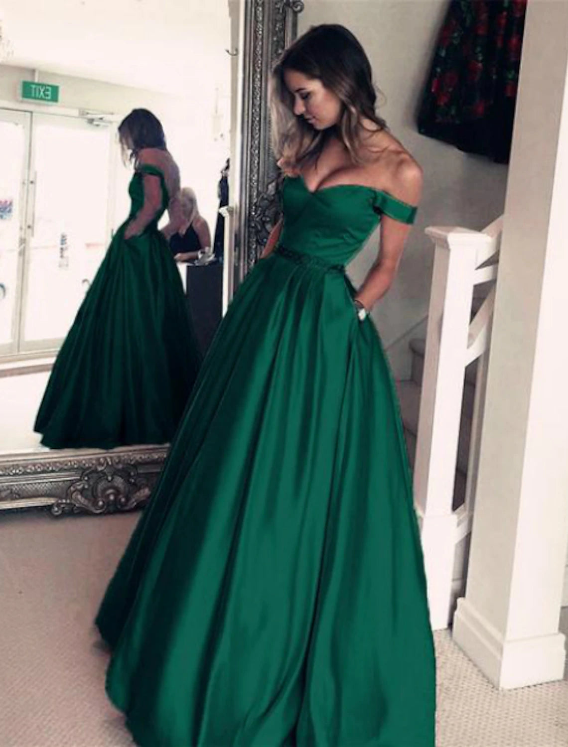 Gold Satin A-Line Sweetheart Off-the-Shoulder Floor-Length Evening Dress