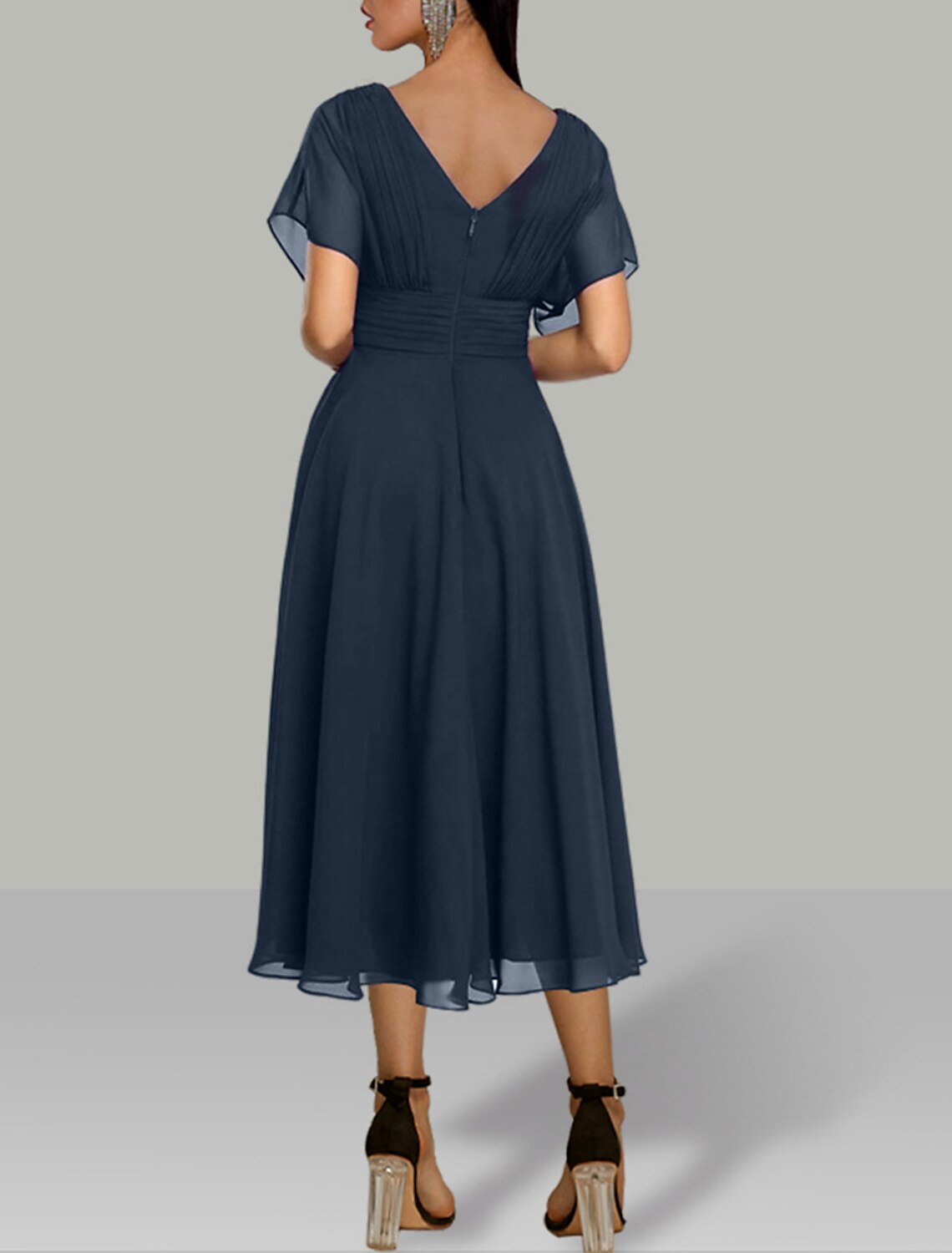 Abiti da sposa a trapezio, eleganti, autunnali, da festa, lunghezza tè, maniche corte, scollo a V, in chiffon con arricciature