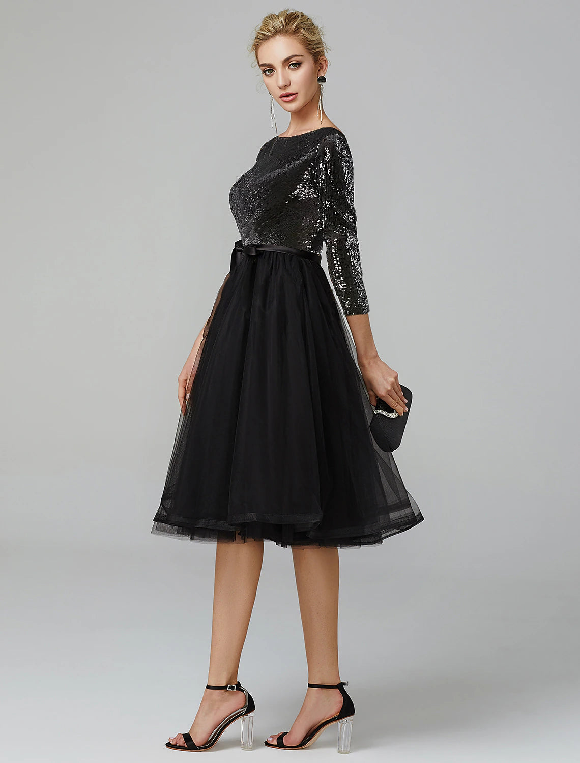 A-Line Cocktail Dresses Sparkle & Shine Dress Formal Wedding Guest Tea Length 3/4 Length Sleeve Jewel Neck Fall Wedding Guest Tulle with Sequin Strappy 2025
