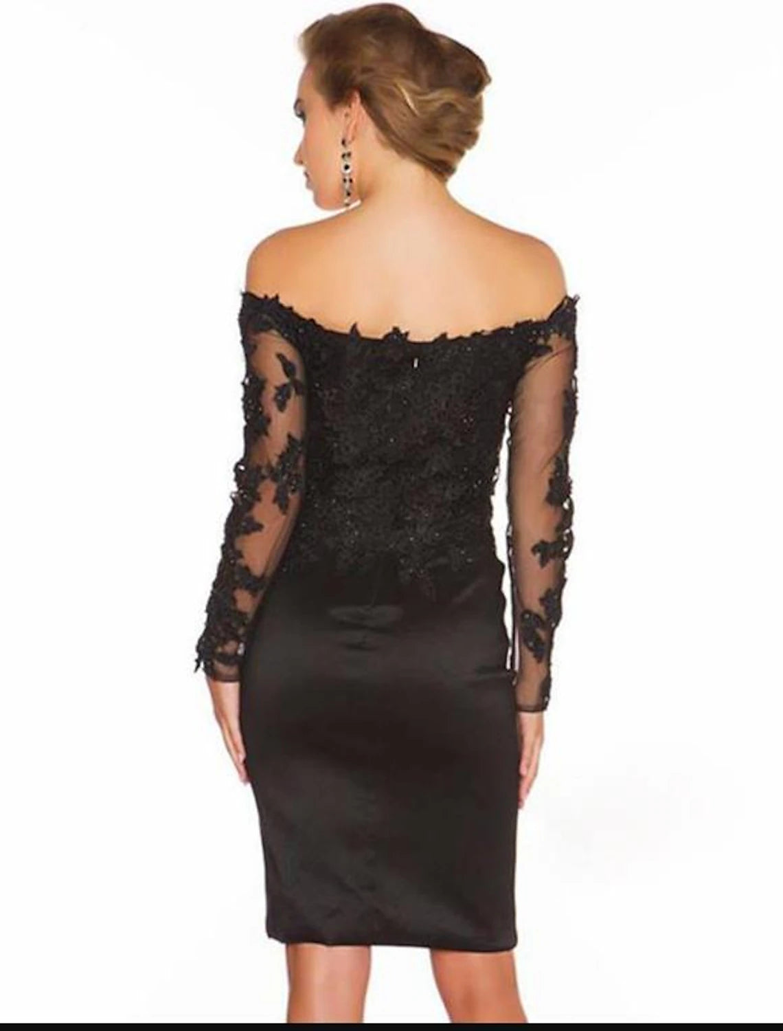 Mermaid Black Dress Plus Size Cocktail Dresses Party Dress Wedding Guest Cocktail Party Knee Length Short Sleeve Halter Neck Italy Satin Ladder Back with Appliques Pure Color