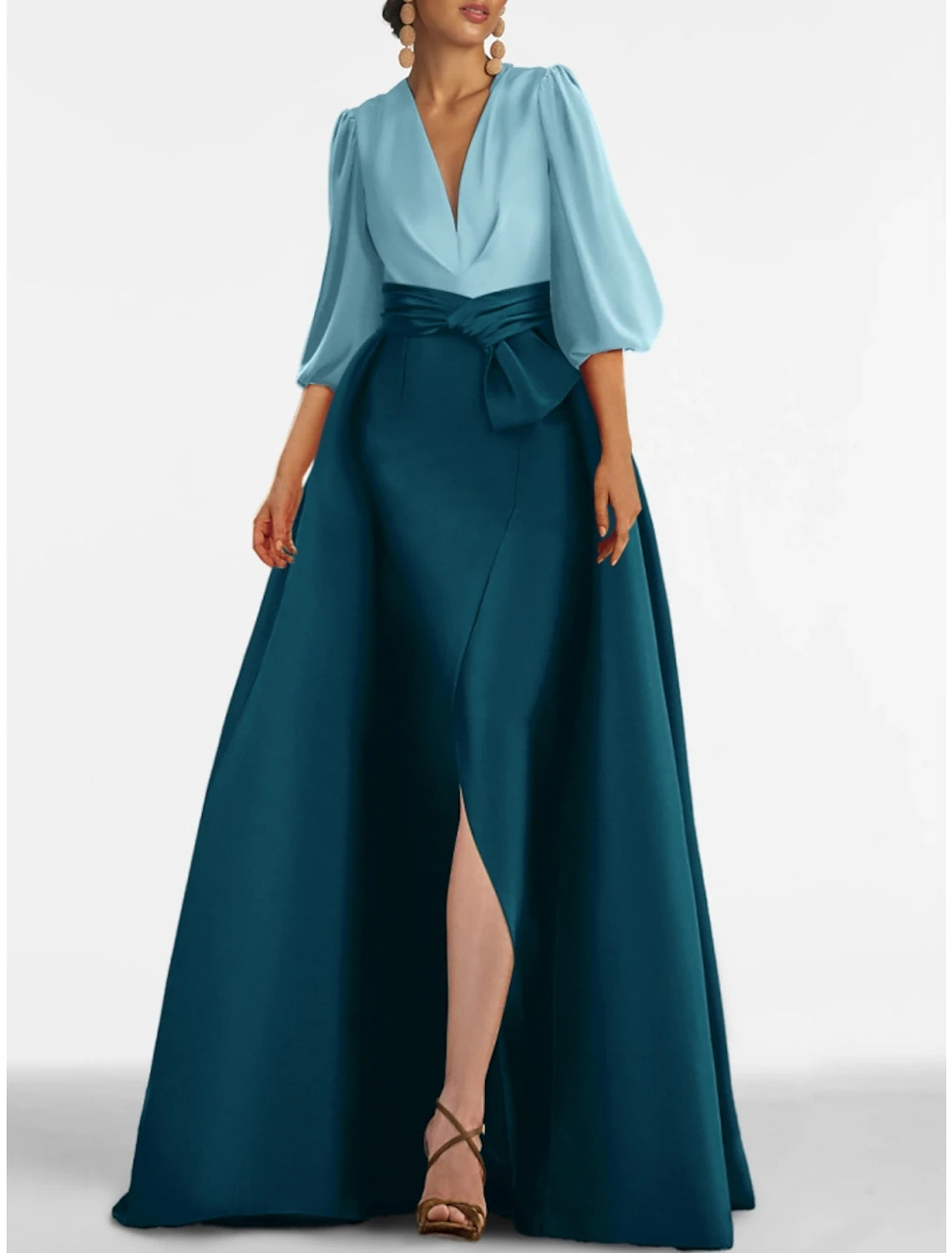 Abito da sera a trapezio, elegante, formale, con strascico a spazzola, mezza manica, scollo a V, in raso con fiocco/fiocchi, pieghe e spacco 2025