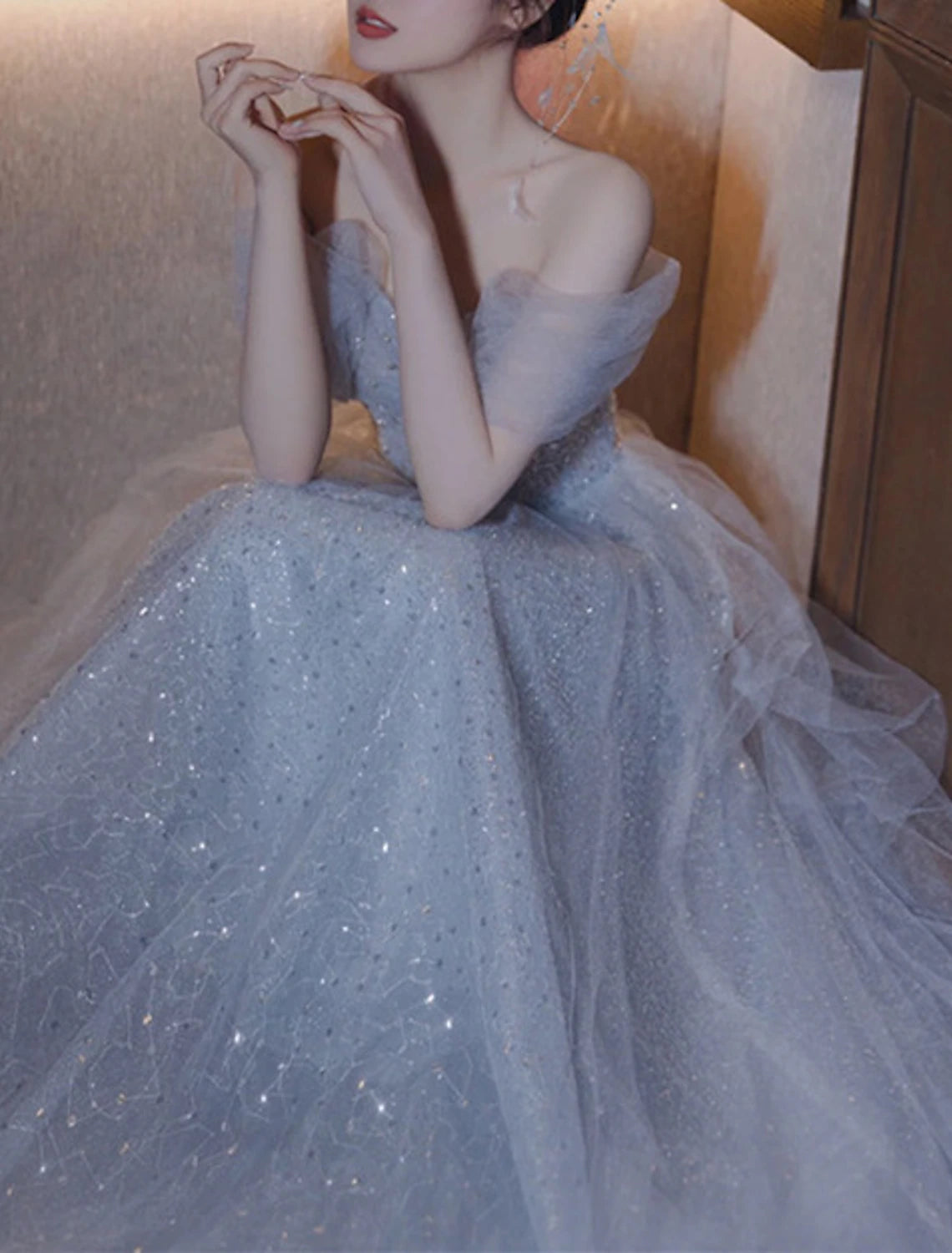 Vestidos de fiesta de corte A, elegantes, para invitados de boda, graduación, largo hasta el suelo, sin mangas, hombros descubiertos, con lentejuelas