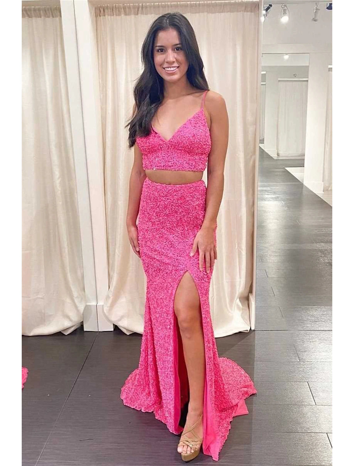 Blushing Pink Sequin Mermaid Floor-Length Evening Dress with High Slit & Lace-Up Back
