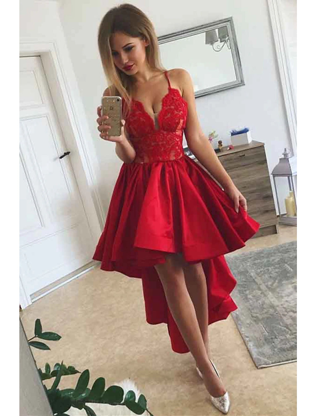 Vestidos de fiesta de graduación de corte A, vestido de fiesta de bienvenida, asimétrico, sin mangas, cuello en V, satén con pliegues