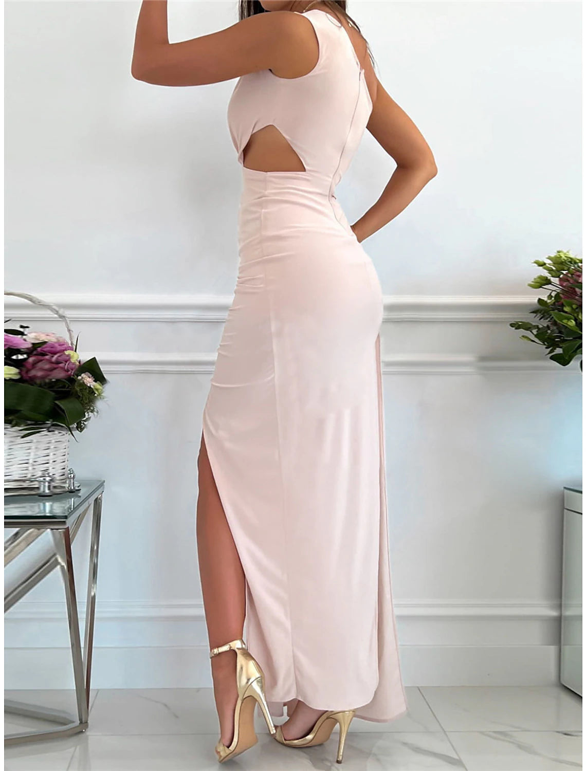 Abito da ballo da donna, abito da invitata a nozze, abito da ballo di fine anno, abito formale, abito lungo, abito lungo rosa, rosso, verde, senza maniche, colore puro, senza schienale, estate, primavera, autunno, monospalla, festa, sera