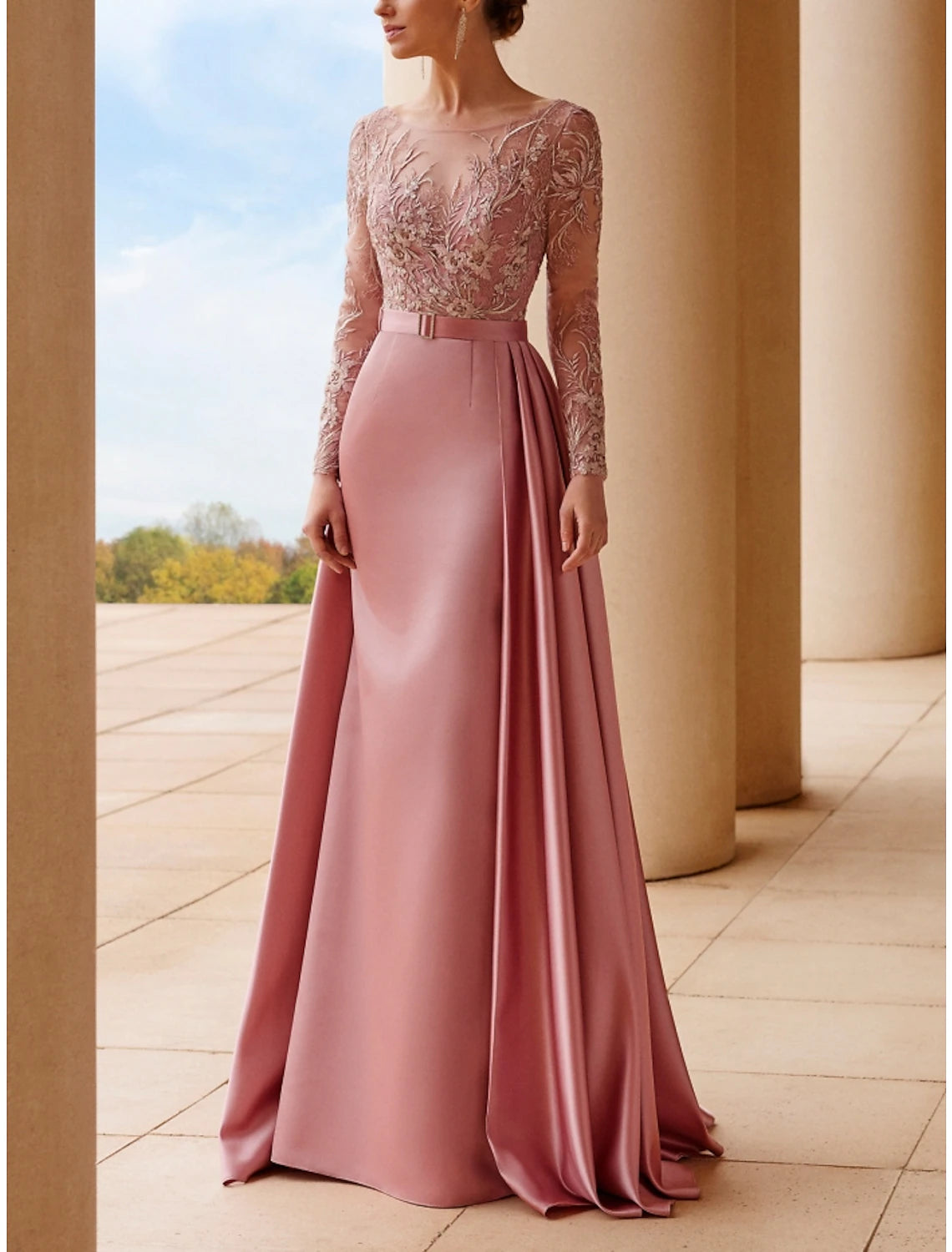 Abito da cerimonia per la madre della sposa, a trapezio, elegante, con scollo a barchetta, strascico a ruota, in raso, a maniche lunghe, con fascia in pizzo e arricciature a nastro