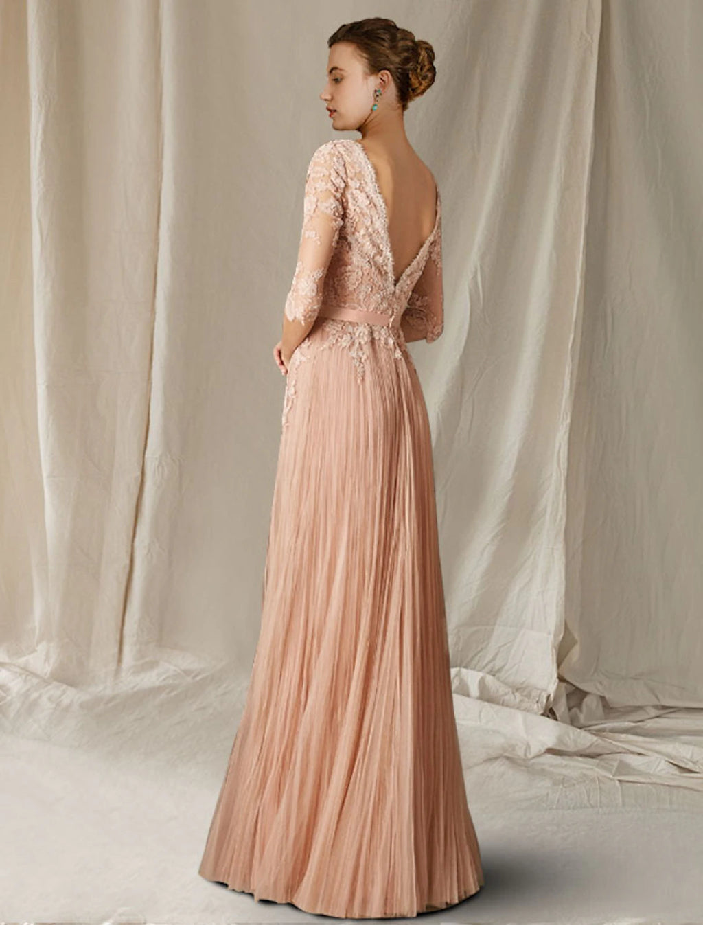 Blushing Pink V-Neck Lace & Chiffon A-Line Floor-Length Evening Dress
