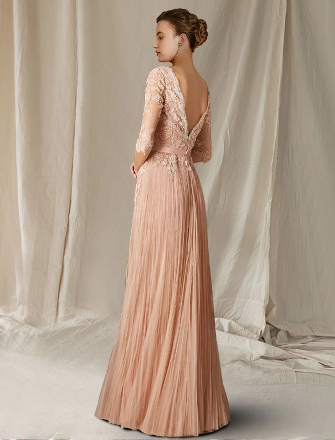 Blushing Pink V-Neck Lace & Chiffon A-Line Floor-Length Evening Dress