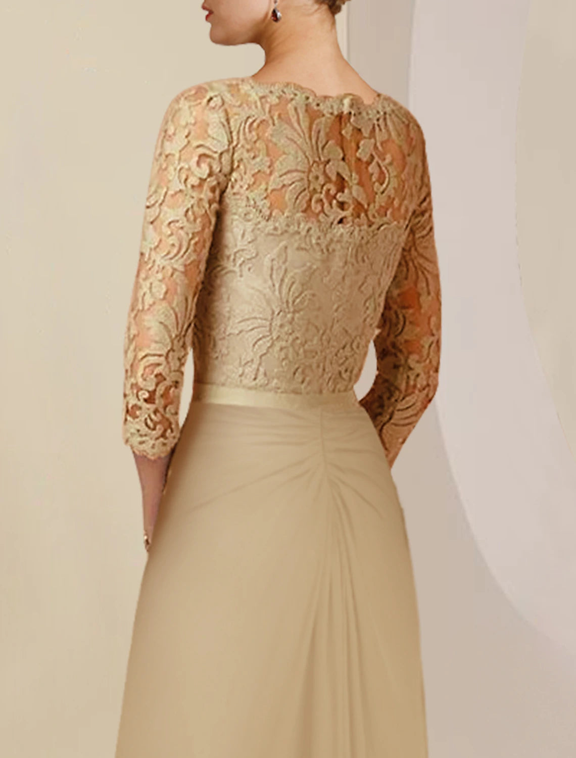 Vestido de madre de la novia con corte tubo/columna, elegante, escote redondo, largo hasta el suelo, de gasa, con encaje, mangas 3/4 y apliques de lazo(s).