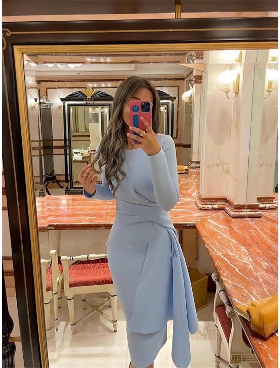 Sky Blue Crepe Sheath/column Midi Dress - Asymmetrical Draped Front