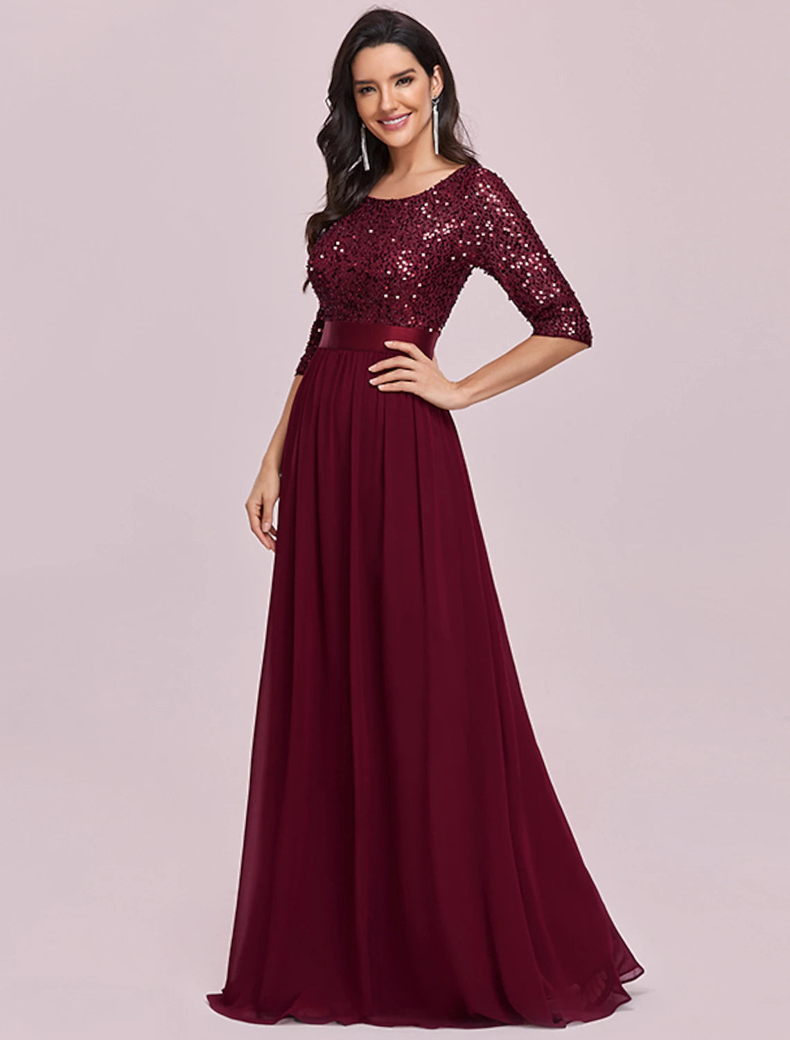 Abito da cerimonia per la madre della sposa, a trapezio, elegante, con scollo gioiello, lunghezza al pavimento, in tulle con paillettes, manica a 3/4, con paillettes, taglie forti